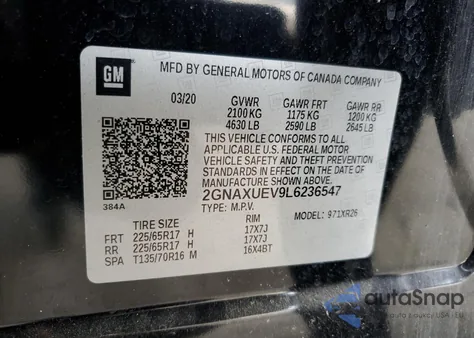 2020 Chevrolet Equinox Lt z USA, uszkodzony, nr VIN 2GNAXUEV9L6236547